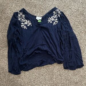 Navy Blue Blouse with White Embroidery